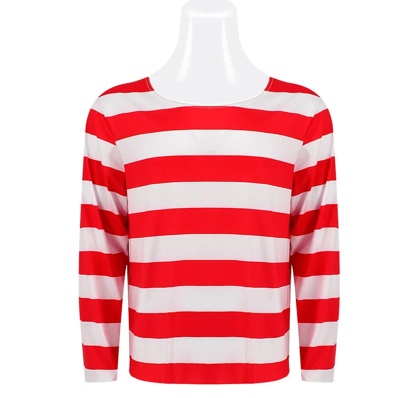Wheres Waldo Striped Shirt Youth Kids Boys Wally Costume Shirt Glasses and Hat Socks Unisex Adults Halloween Cosplay Costume