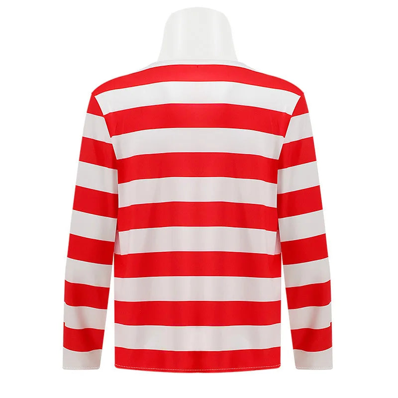 Wheres Waldo Striped Shirt Youth Kids Boys Wally Costume Shirt Glasses and Hat Socks Unisex Adults Halloween Cosplay Costume