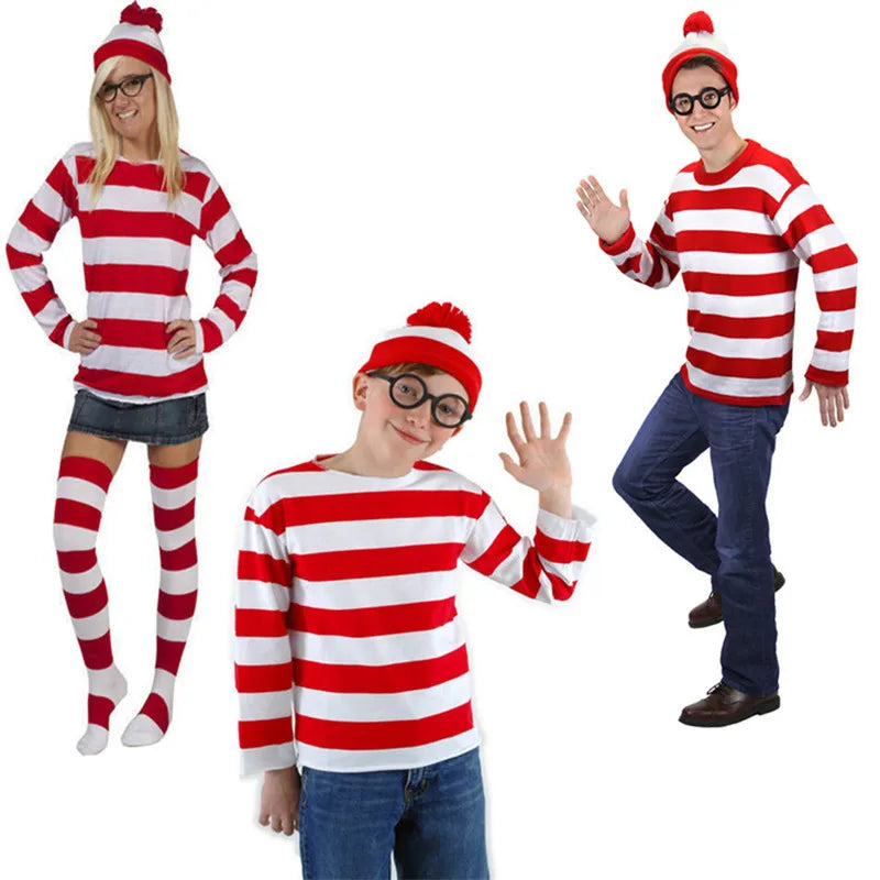 Wheres Waldo Striped Shirt Youth Kids Boys Wally Costume Shirt Glasses and Hat Socks Unisex Adults Halloween Cosplay Costume