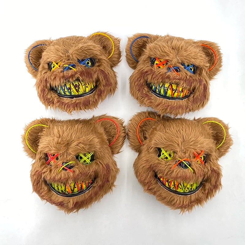 LED Bloody Bear Mask Halloween Masquerade Plush Brown Bear Mask Light Up Killer Assassinated Black Bear Haunted House Mask