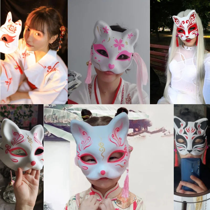 Anime Foxes Mask Japanese Cosplay Rave Hand-Painted Cartoon Demon Slayer Half Face Cat Masks Masquerade Festival Party Props