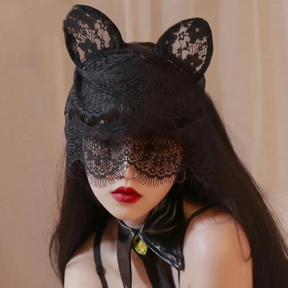 Halloween Eyewear Lace Mask Hair Hoop Sexy Thin Veils Cat Ear See-through Headband Christmas Party Women Face Mask