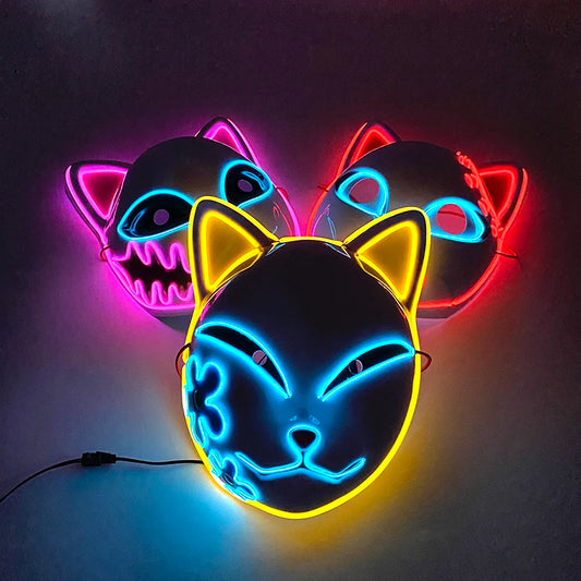 Hot sales Japanese Anime Fox Luminous Mask LED Glowing Cosplay Makomo mask Neon light up Sabito Mask for Halloween costume props