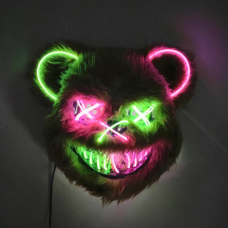 LED Bloody Bear Mask Halloween Masquerade Plush Brown Bear Mask Light Up Killer Assassinated Black Bear Haunted House Mask