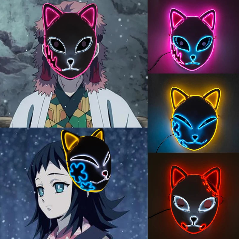 Hot sales Japanese Anime Fox Luminous Mask LED Glowing Cosplay Makomo mask Neon light up Sabito Mask for Halloween costume props