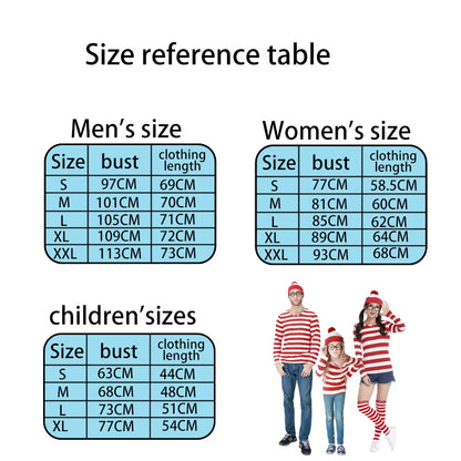 Wheres Waldo Striped Shirt Youth Kids Boys Wally Costume Shirt Glasses and Hat Socks Unisex  Adults Halloween Cosplay Costume