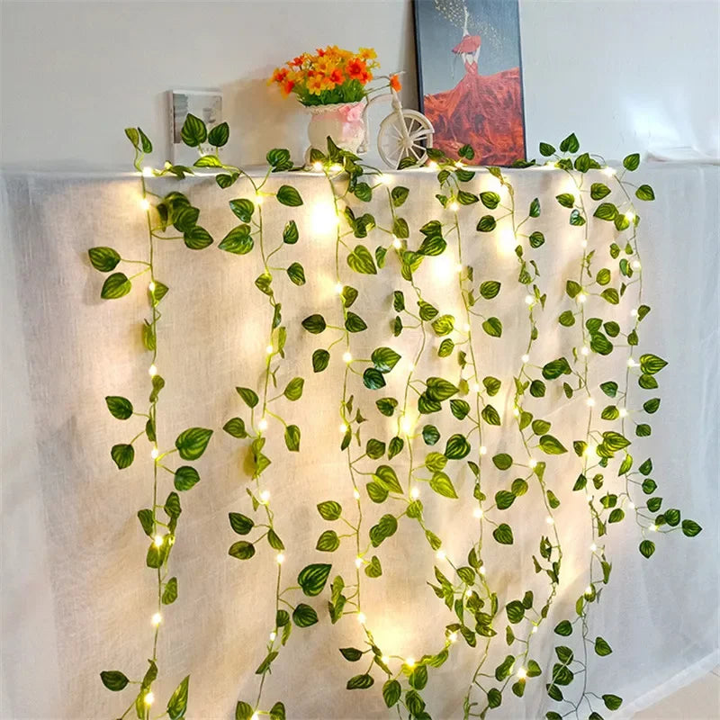 Ivy Leaf Plants With LED String Lights, Green Vine Garland Hanging LightsFlower Green Leaf String Lights Artificial Vine Fairy Lights Battery Powered