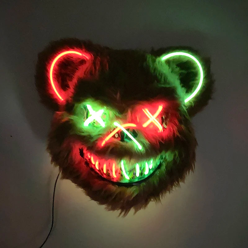 LED Bloody Bear Mask Halloween Masquerade Plush Brown Bear Mask Light Up Killer Assassinated Black Bear Haunted House Mask