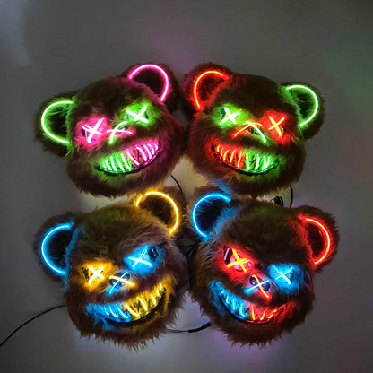 LED Bloody Bear Mask Halloween Masquerade Plush Brown Bear Mask Light Up Killer Assassinated Black Bear Haunted House Mask