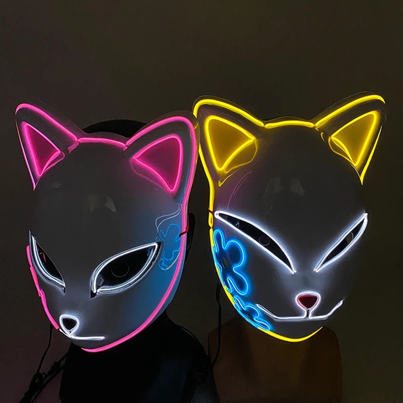 Hot sales Japanese Anime Fox Luminous Mask LED Glowing Cosplay Makomo mask Neon light up Sabito Mask for Halloween costume props