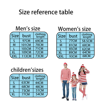 Wheres Waldo Striped Shirt Youth Kids Boys Wally Costume Shirt Glasses and Hat Socks Unisex  Adults Halloween Cosplay Costume